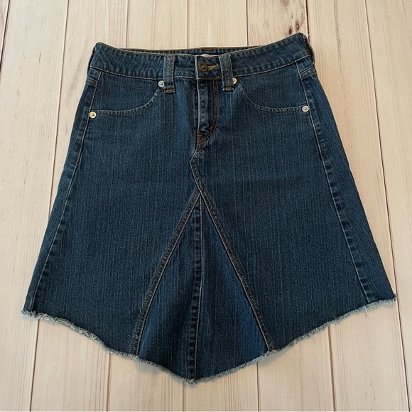 Levi's Dresses & Skirts - y2k Levi’s Denim Jean Skirt Size 8 Raw Edge Frayed Hem Asymmetrical Stitching